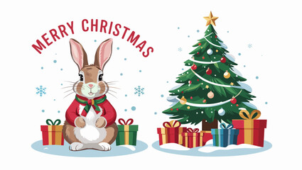 A festive illustration featuring a rabbit in a Christmas sweater beside a decorated tree and colorful presents, with a "Merry Christmas" greeting above.