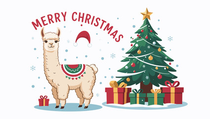 A festive illustration featuring a cheerful alpaca beside a decorated Christmas tree with gifts, celebrating the holiday season.