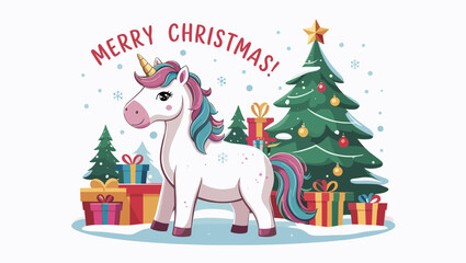 A festive unicorn stands beside a decorated Christmas tree, surrounded by colorful gifts, with the cheerful greeting "Merry Christmas!" above.