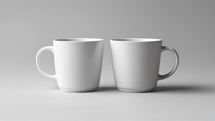 Obraz premium front view of two white mugs isolated on light grey background,