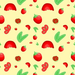 Seamless Strawberry Pattern with Green Leaves