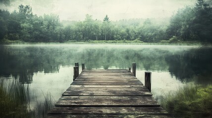 Misty lake dock, serene forest background, calm