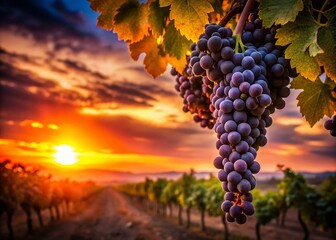 Silhouette of Grapes Hanging on Vine at Sunset - Stock Photo
