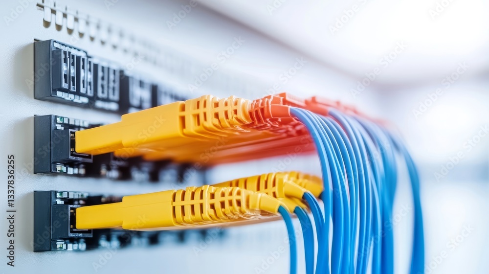 Poster network cables connected to patch panel in data center with blurred background