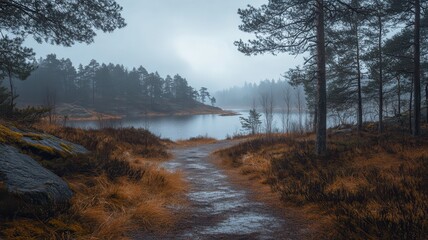 Fototapeta premium Misty lake path, autumn forest, tranquil scene, nature backdrop
