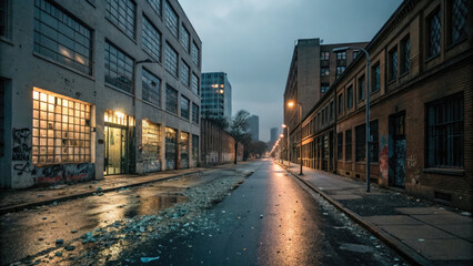 City street at night with broken windows and graffiti on walls, symbolizing urban violence and the impact of social issues on community environments.