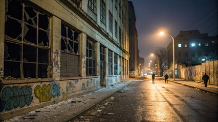Obraz premium City street at night with broken windows and graffiti on walls, symbolizing urban violence and the impact of social issues on community environments.