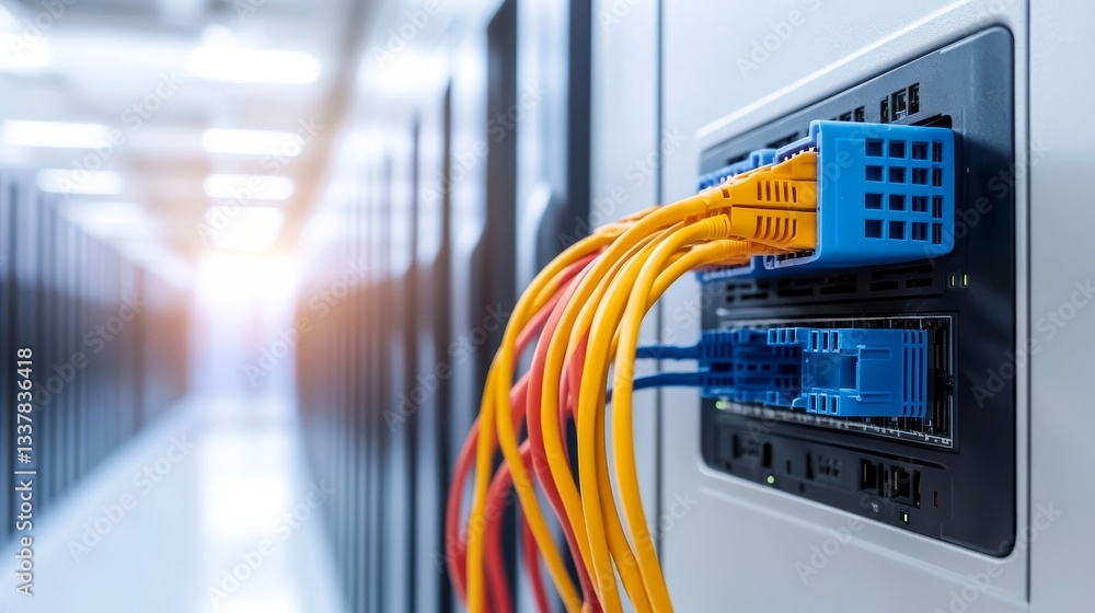 Poster colorful network cables connected to server in data center environment