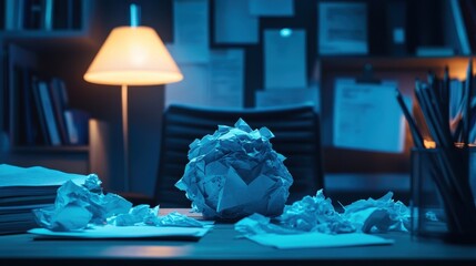 Crumpled Papers Surrounding Desk in Dimly Lit Office Environment