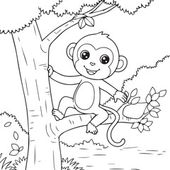 Monkey playing on tree in forest illustration coloring book