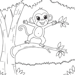 Fototapeta premium Monkey playing on tree in forest illustration coloring book
