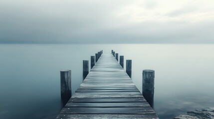 Obraz premium Misty lake pier, serene calm, peaceful