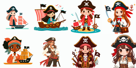 Naklejka premium cartoon illustration of a girl pirate captain