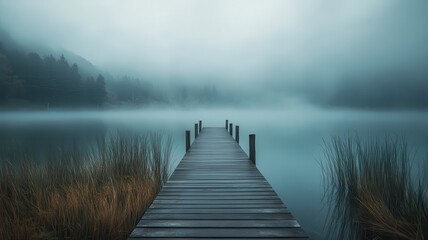 Fototapeta premium Misty lake pier, serene morning, fog, calm