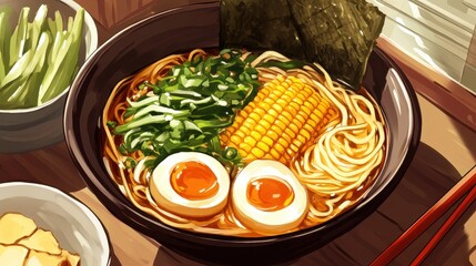 Delicious Bowl of Ramen with Eggs and Vegetables in a Restaurant