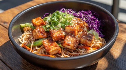 Delicious bowl of stir-fried noodles with tofu and vegetables