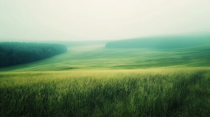 Fototapeta premium Misty morning field, rolling hills, forest backdrop, nature calm