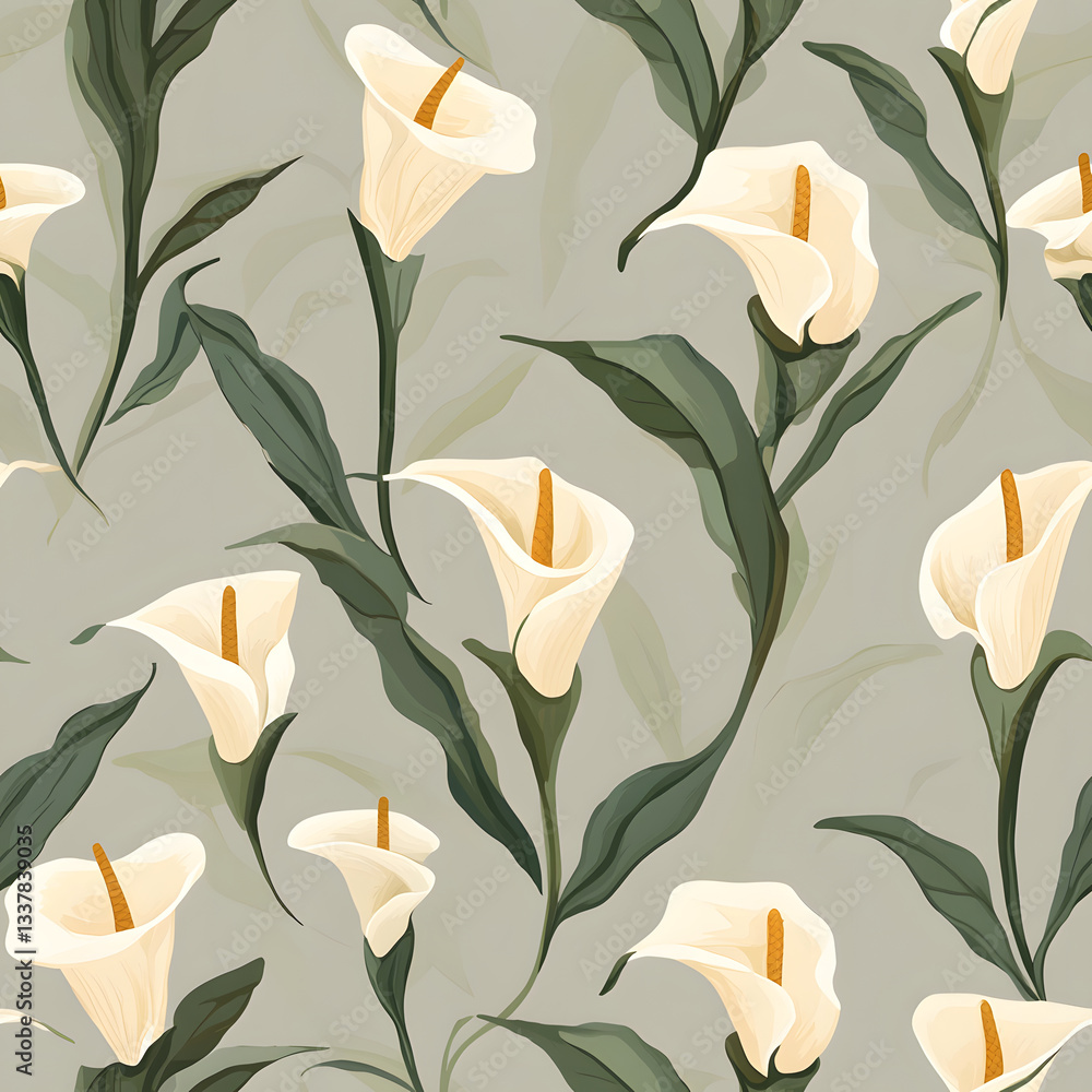 Poster elegant cream calla lilies in a seamless botanical pattern. soft, muted tones create a calming mood.
