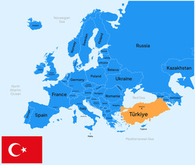 Fototapeta premium Map of Turkey Turkiye, Europe, with country name, capital, border, and flag