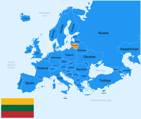 Map of Lithuania, Europe, with country name, capital, border, and flag