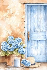Rustic Watercolor Painting of Blue Hydrangeas Straw Hat and Light Blue Door