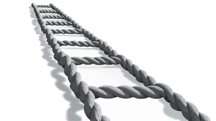 A grayscale illustration of a rope ladder extending diagonally from the lower left to the upper right corner of the frame. The ladder is composed of thick, twisted rope forming the sides, with