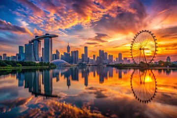 Obraz premium Singapore Sunrise Skyline Panorama: Financial District & Marina Bay Silhouette