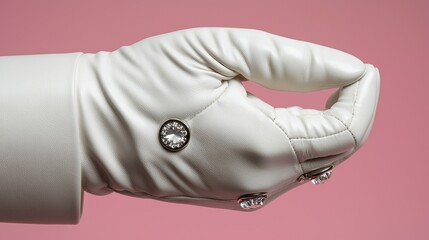 Elegant White Leather Glove with Crystal Embellishments and Water Droplets on Pink Background