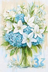 Obraz premium Stunning Bouquet of White Lilies and Blue Hydrangeas in Glass Vase Floral Art