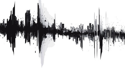 The image is a horizontal, abstract representation of a cityscape rendered as a soundwave.  It uses a grayscale palette predominantly in black and varying shades of grey. The skyline is depicted as