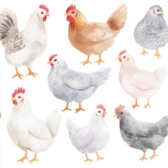 Fototapeta premium Colorful variety of chickens in watercolor painting