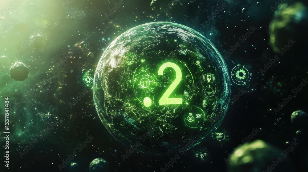 Poster futuristic green planet with number two point zero and glowing hud elements in space