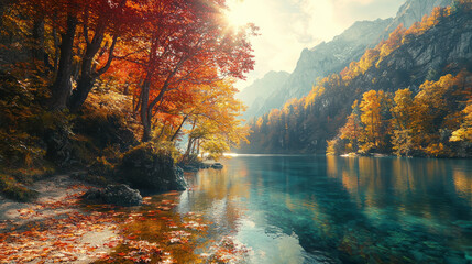 Obraz premium Autumn scene featuring vibrant trees with leaves of red, orange, and yellow standing beside the crystal-clear waters reflecting sunlight in a mountainous setting