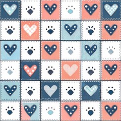 Hearts and paws seamless repeat pattern background, cute.
