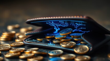 Contemporary Digital Wallet with Virtual Coins and Futuristic Design