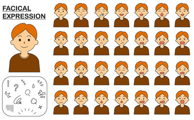 喜ぶ、怒る、悲しむ、驚く、笑う、楽しい、困惑する、困る、落ち込む、焦る、慌てる、がっかりする、茶色の服の男性の顔、表情のセット