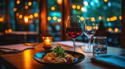 Elegant Dinner Table with Pasta and Red Wine in Cozy Restaurant
