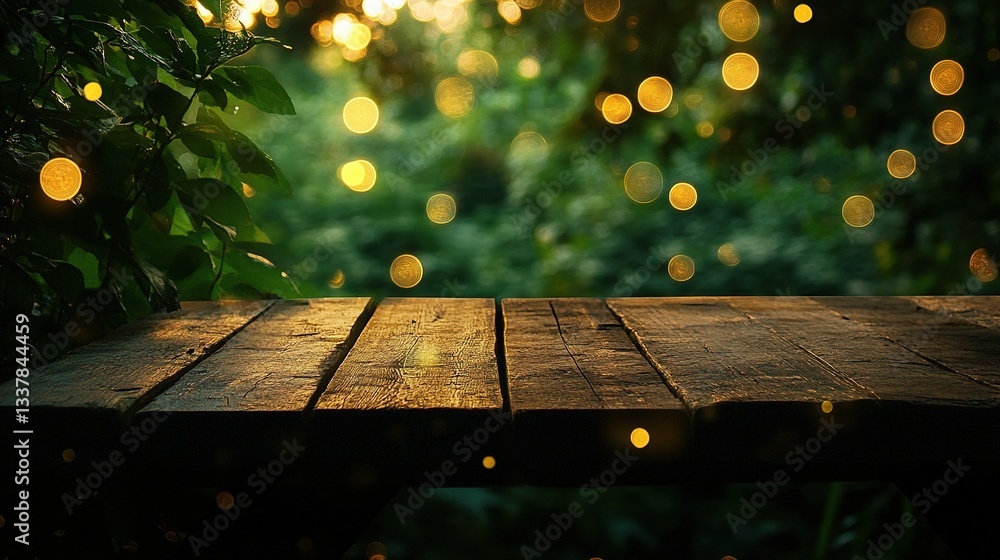 Poster fresh green rustic wood background with bokeh effect and lights