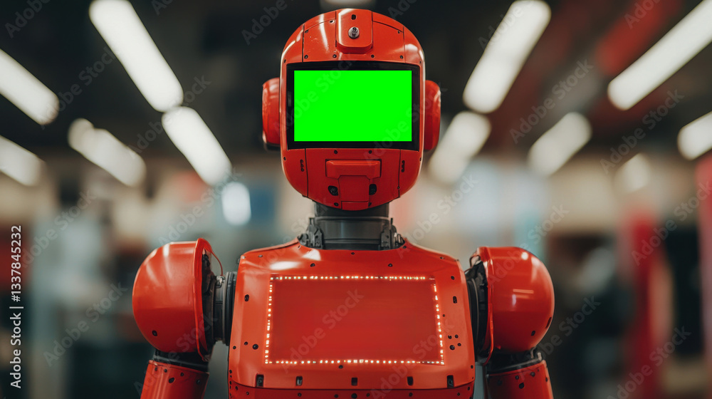 Poster a striking red robot with a blank screen, showcasing the future of artificial intelligence and robot
