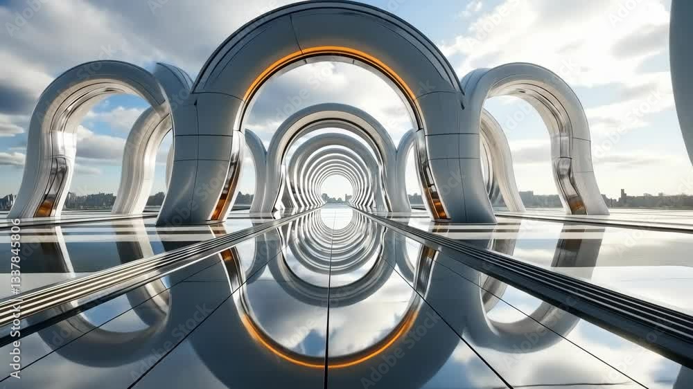 Poster modern architectural structure showcases unique futuristic design in an urban setting