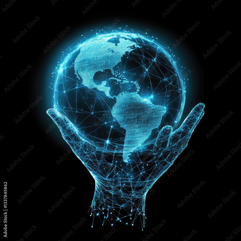 Aufkleber digital globe held in a networked hand global interconnectivity and digital transformation