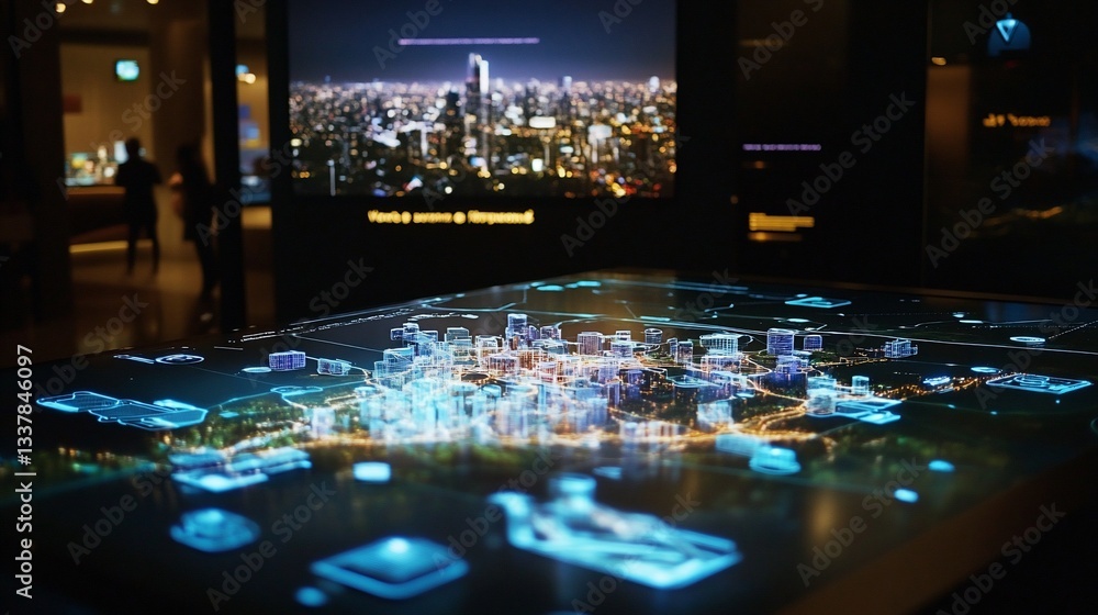 Poster futuristic interactive display showcasing a city skyline and architectural models