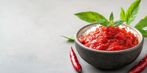 Spicy Red Sauce in Bowl with Fresh Basil and Red Chili Peppers