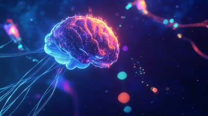 Fototapeta premium A dark blue background with an brain made of glowing light, the head is connected to various small colorful data points