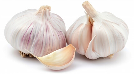 Obraz premium Two garlic cloves, one whole and one cut in half, are displayed on a white background. Concept of freshness and naturalness, as garlic is a common ingredient in many dishes