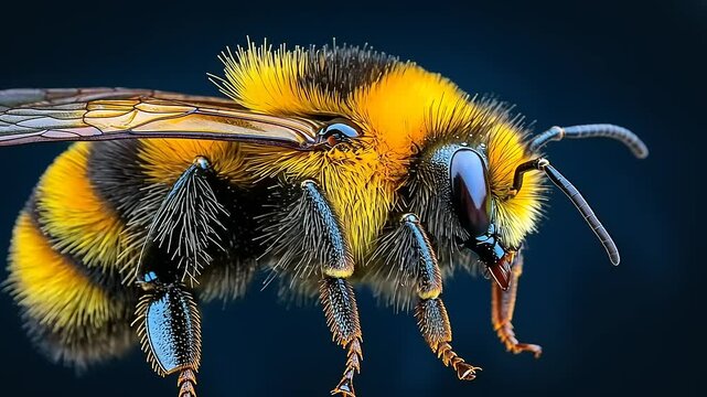 Close-up of a vibrant bumblebee showcasing its detailed fur and anatomy against a dark background