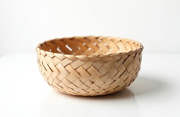 Handmade wicker basket isolated on white background. Brown wooden container for fruits, bread easter eggs. Traditional handcraft woven from natural straw, rattan material. Rustic decor object with