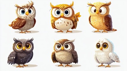 Fototapeta premium Six cute cartoon owls in playful poses, perfect for children storybooks
