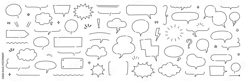 Poster Line frame text speech bubble set. Line balloon frame design talk speech bubble frame. Comic japan style design background text dialog balloon, simple doodle cloud, box border. Vector illustration