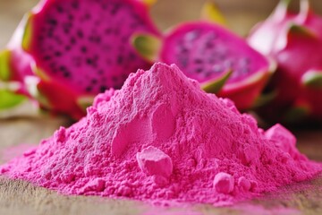 Vibrant pink powder, likely a fruit-based pigment, sits atop a wooden surface with dragon fruit slices in the background